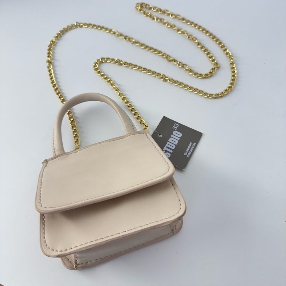 Studio 33 Mini Crossbody Bag Beige Top Handle Gold Chain Strap 5 x 7 Minimalist